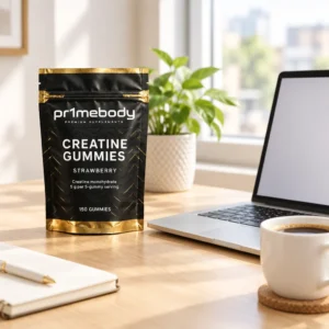 A pouch of pr1mebody creatine gummies standing on a bright oak desk next to a laptop, coffee and a plant in soft midday window light
