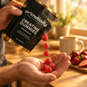 Close-up of a hand pouring five red strawberry gummies from an open pouch of pr1mebody creatine gummies into an open palm in warm morning kitchen light