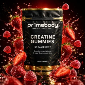 A pouch of pr1mebody creatine gummies centred on a deep red to black background with strawberries, gummies, juice droplets and gold dust exploding outward mid-air
