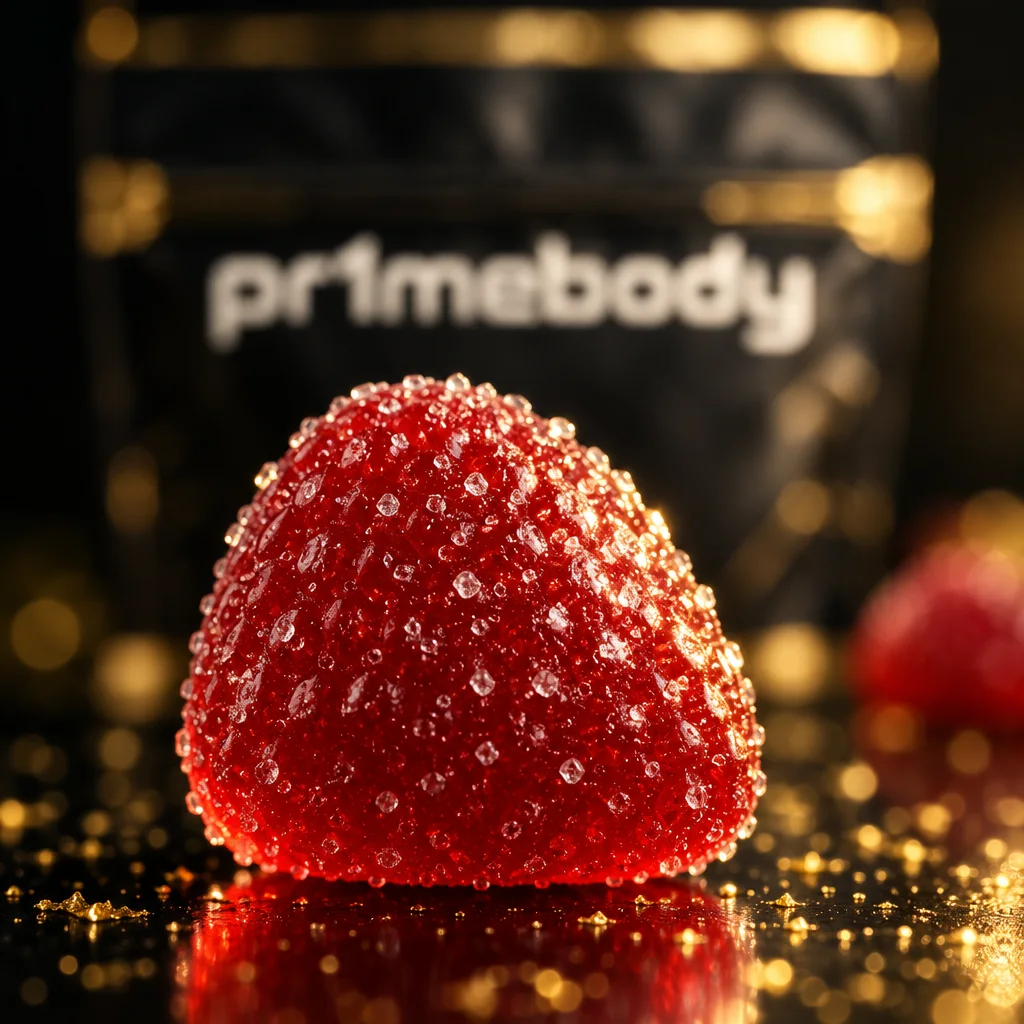 Extreme macro of a single sugar-dusted red strawberry gummy on black acrylic with gold glitter, a pouch of pr1mebody creatine gummies softly blurred behind