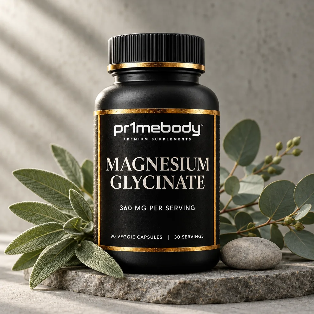 A pr1mebody magnesium glycinate bottle on a rough stone tray among sage, eucalyptus and a river pebble against pale grey concrete in muted green-grey tones