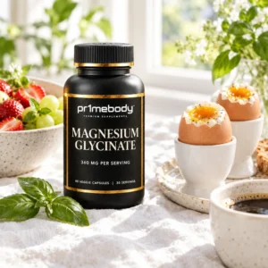 A bottle of pr1mebody magnesium glycinate on a sunlit breakfast table with soft-boiled eggs, strawberries, grapes, basil and coffee on white linen