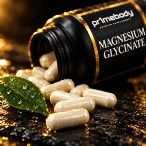 Extreme close-up of cream veggie capsules spilling from an open pr1mebody magnesium glycinate bottle onto dark wet slate beside a dew-covered green leaf, lit with a gold rim light