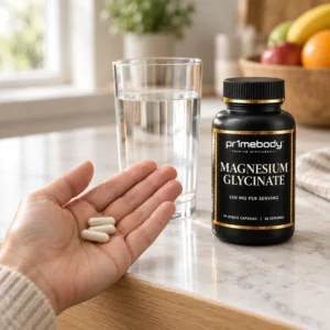 An open adult palm holding three cream capsules beside a glass of water and a bottle of pr1mebody magnesium glycinate on a marble kitchen counter in soft window light