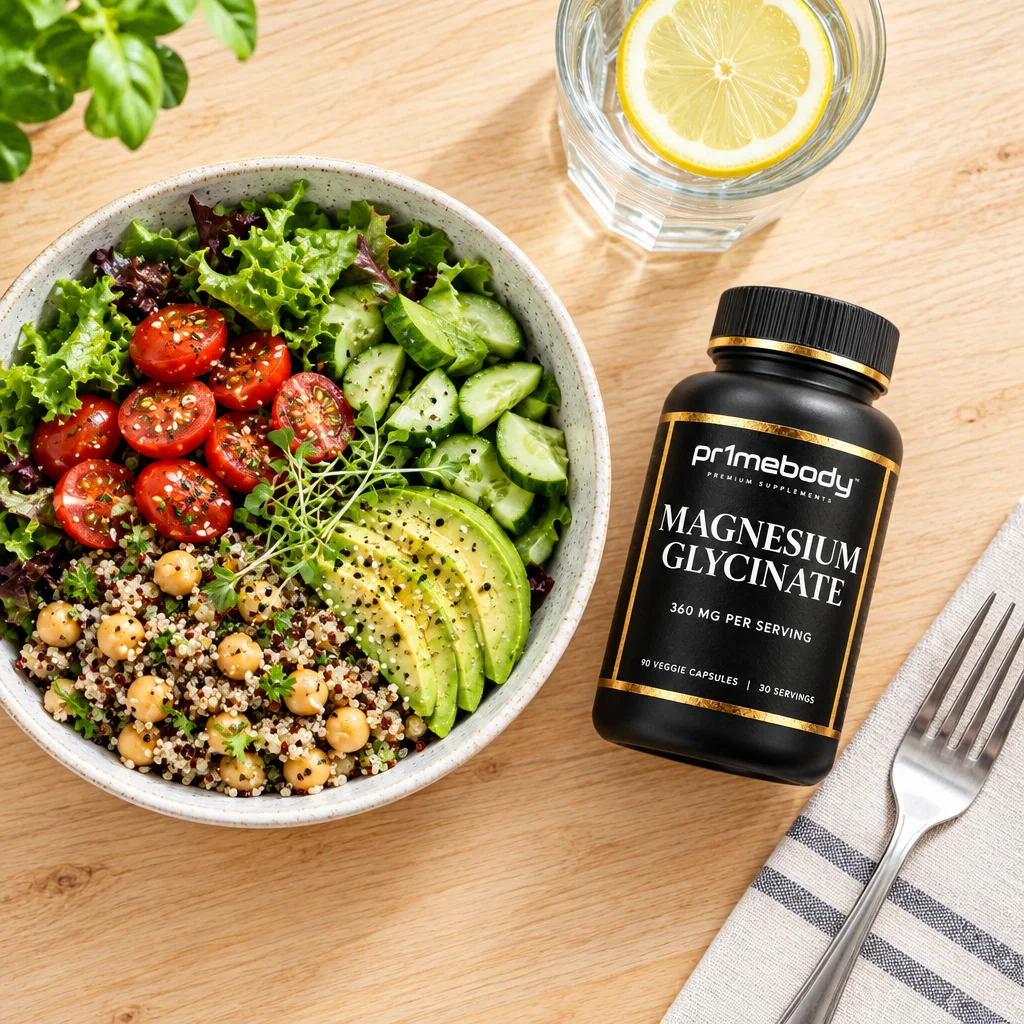 Top-down view of a salad and quinoa lunch bowl with a glass of lemon water, a fork on a striped napkin and a bottle of pr1mebody magnesium glycinate on a light wooden table