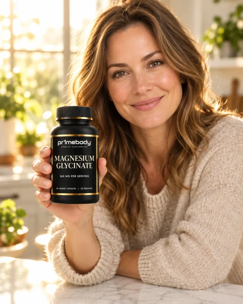 A smiling adult woman in an oatmeal knit sweater at a sunlit marble kitchen island holding a bottle of pr1mebody magnesium glycinate at chest height