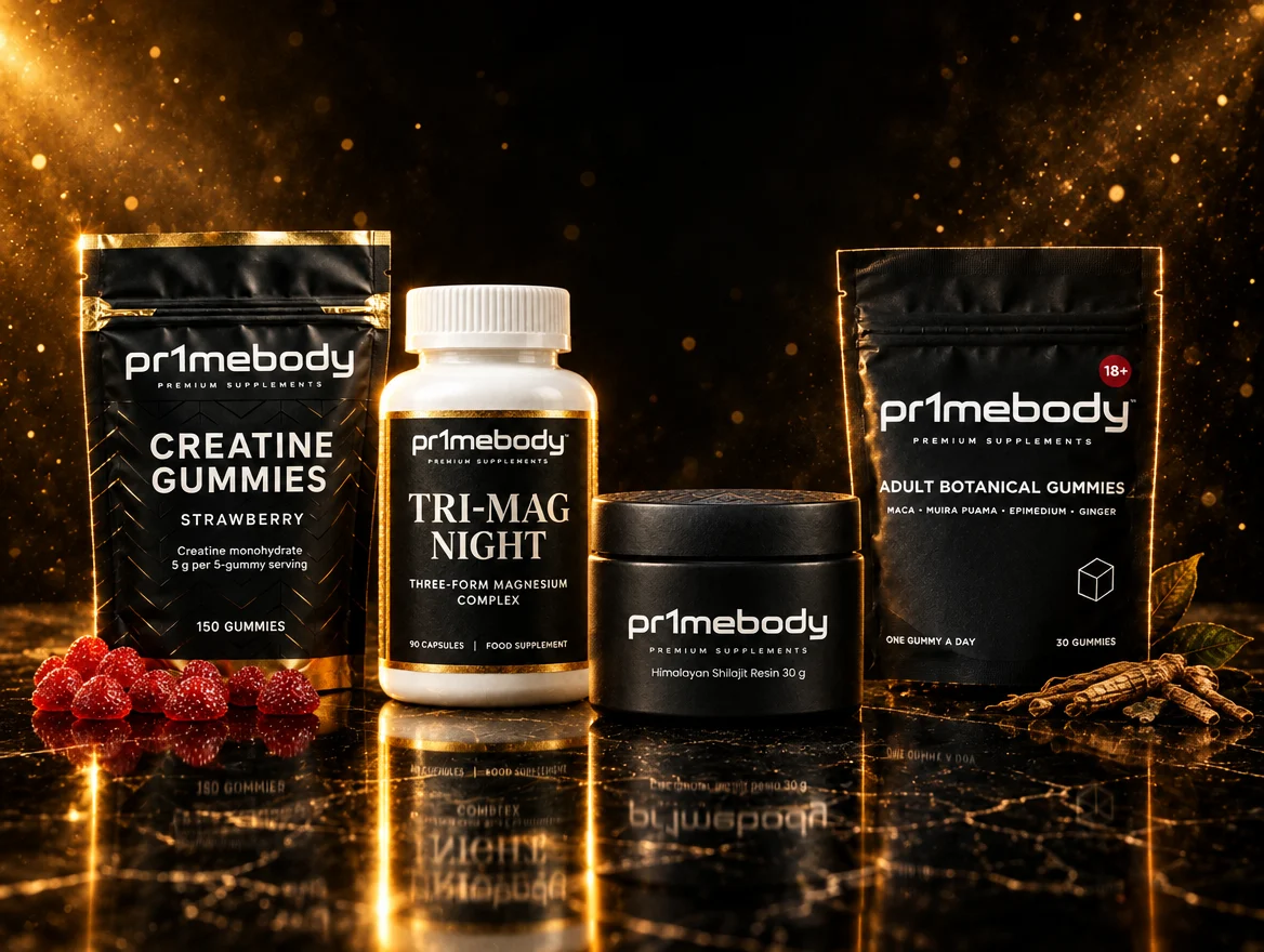 pr1mebody premium supplements range: creatine gummies, Tri-Mag Night, shilajit resin and adult botanical gummies on black marble