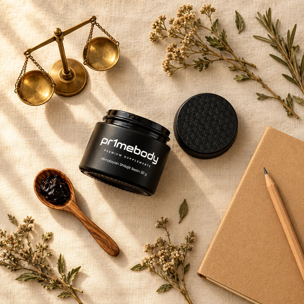 Top-down flat lay on linen with a himalayan shilajit resin jar on its side, a brass mini scale, a wooden spoon of resin, dried herbs and a kraft notebook
