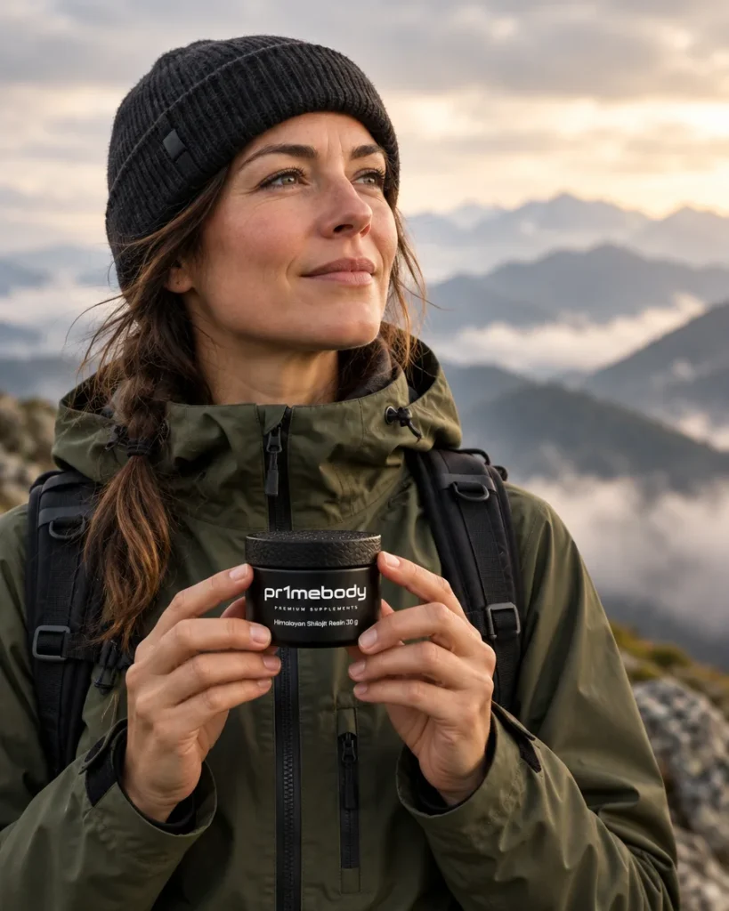A hiker in an olive outdoor jacket and beanie at a misty mountain viewpoint holding a himalayan shilajit resin jar at chest height