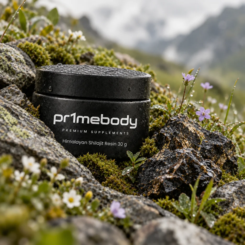 Himalayan shilajit resin jar nestled among raw dark mineral rock, mossy slate and small alpine wildflowers in soft overcast mountain light