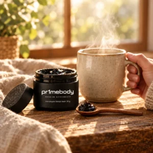 A hand holding a steaming ceramic mug on a cosy wooden table by a sunlit window, with the open himalayan shilajit resin jar and a small wooden spoon beside it