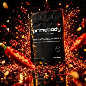 Pouch of pr1mebody adult botanical gummies on black with a high-speed burst of red chili flakes and a halved chili flying around it