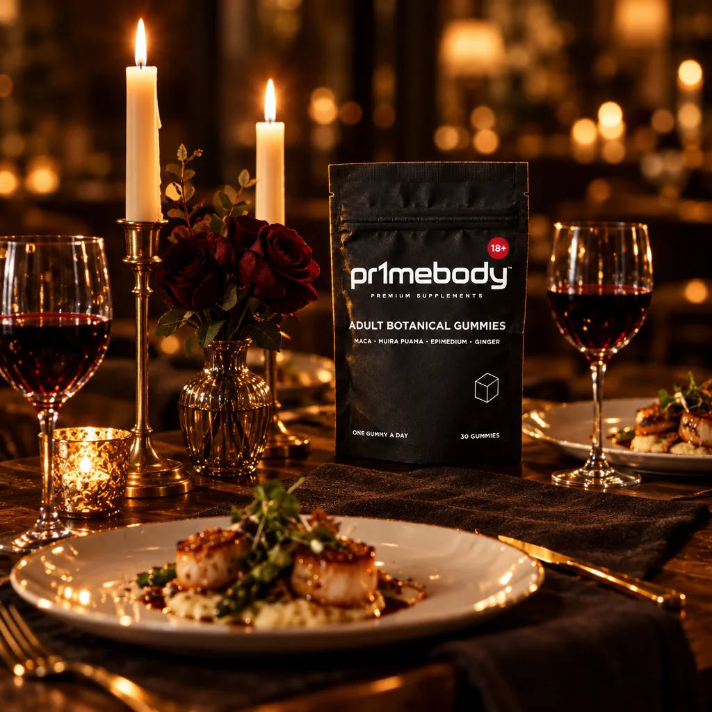 Candle-lit dinner table with wine glasses and plated scallops and a pouch of pr1mebody adult botanical gummies standing at the edge