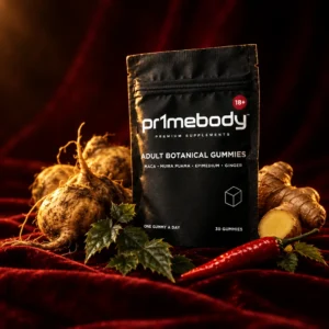 Matte black pouch of pr1mebody adult botanical gummies surrounded by fresh maca root, ginger, a red chili and epimedium leaves on dark red velvet