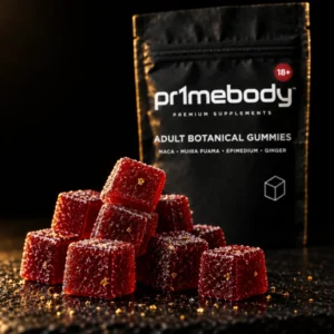 Macro close-up of sugar-dusted deep-red cubes with gold flecks in front of a pouch of pr1mebody adult botanical gummies on matte black