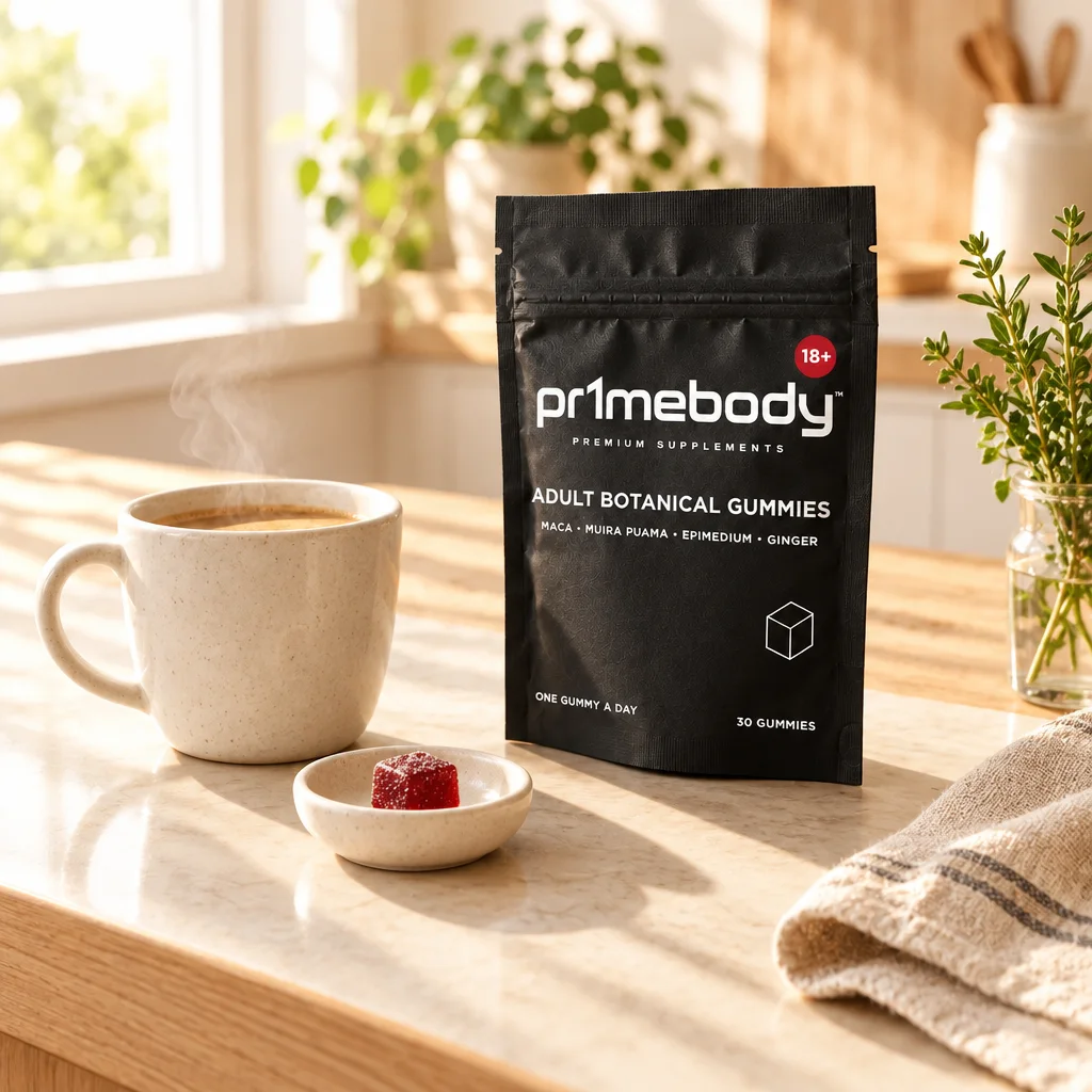 Bright sunlit kitchen counter with a coffee mug, one red gummy on a ceramic dish and a pouch of pr1mebody adult botanical gummies