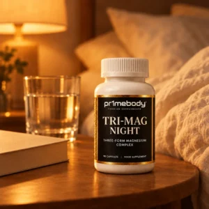 Tri-Mag Night bottle on a wooden bedside table at dusk beside a glass of water and a paperback, with a warm lamp glowing over soft linen
