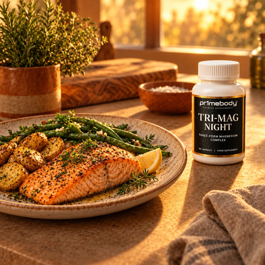 Tri-Mag Night bottle beside a plated salmon, green bean and potato dinner on a sunlit kitchen counter at golden hour with fresh herbs