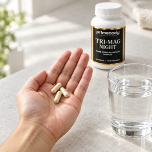 An open adult palm holding three cream capsules next to a glass of water and the Tri-Mag Night bottle on a pale stone surface in soft window light