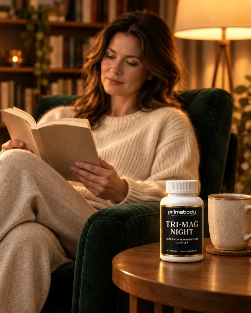A relaxed woman reading a paperback in a green velvet armchair in warm evening light, with a mug of tea and the Tri-Mag Night bottle on the side table