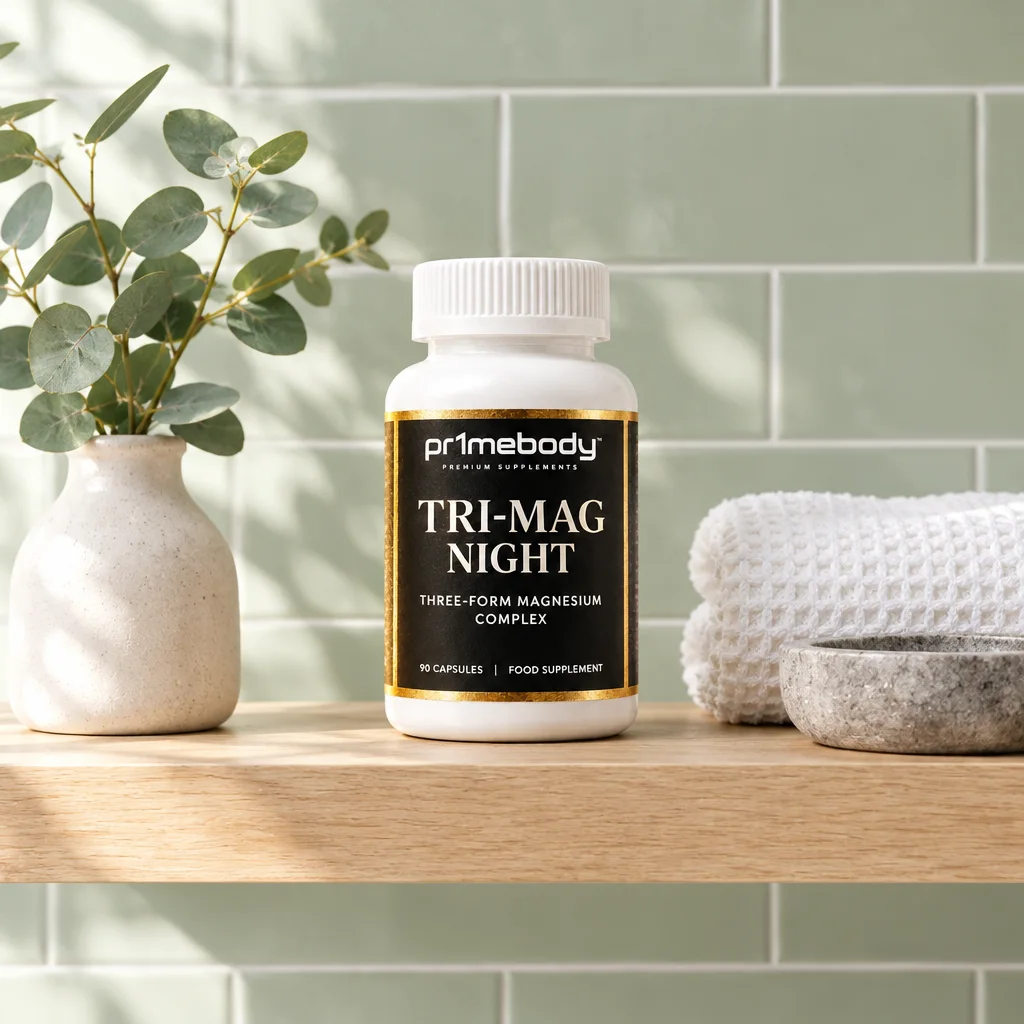 Tri-Mag Night bottle on a light oak bathroom shelf with eucalyptus in a ceramic vase, a folded waffle towel and a stone dish against sage-green tiles