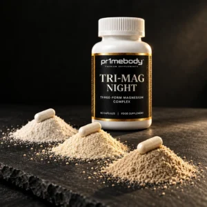 Tri-Mag Night bottle behind three mounds of fine powder in ivory, cream and sand tones, each topped with one capsule, on dark slate